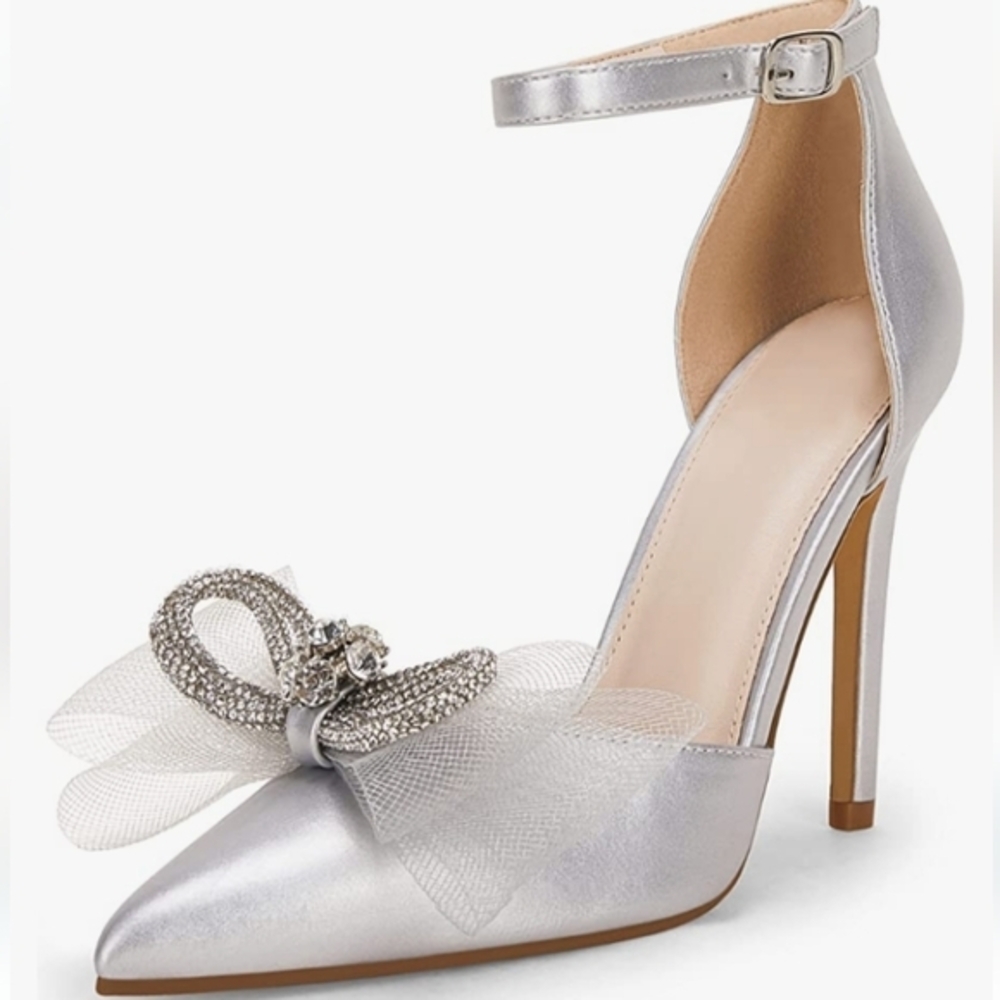 Coutgo Women's Dress Shoes with Bowknot Rhinestone Heels 7,5